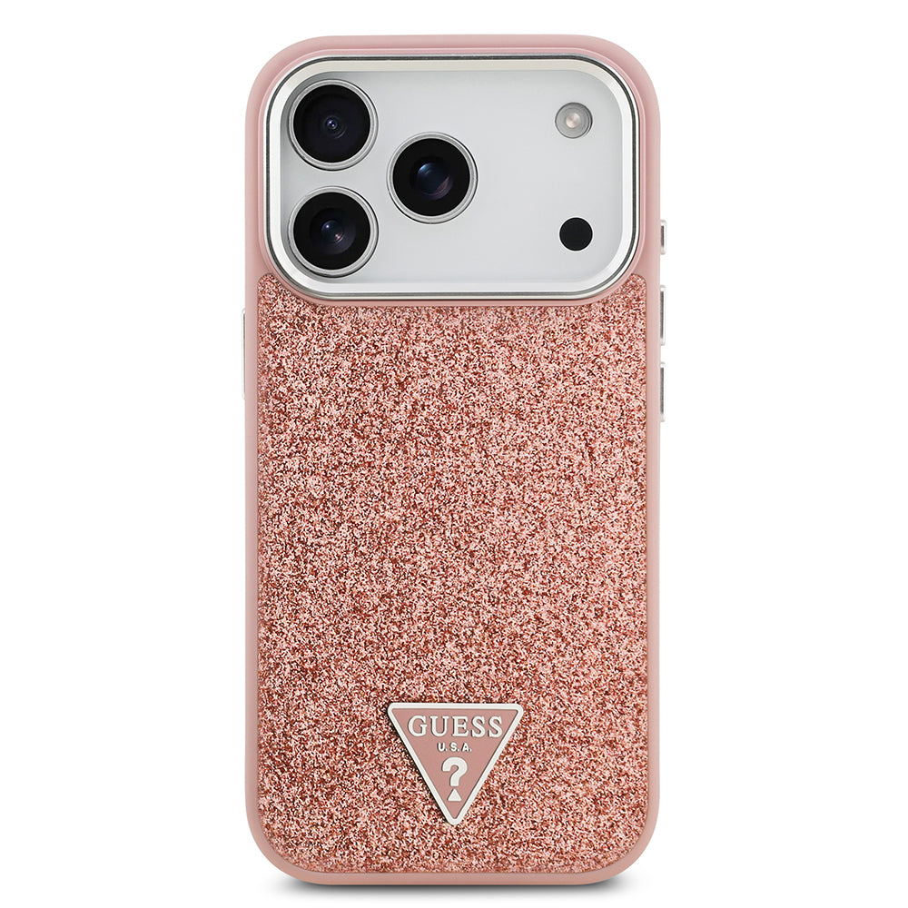 Guess iPhone 17 Pro Orjinal Lisanslı M-safe Şarj Özellikli Metal Kamera Çerçeveli Üçgen Logolu Glitter Kılıf