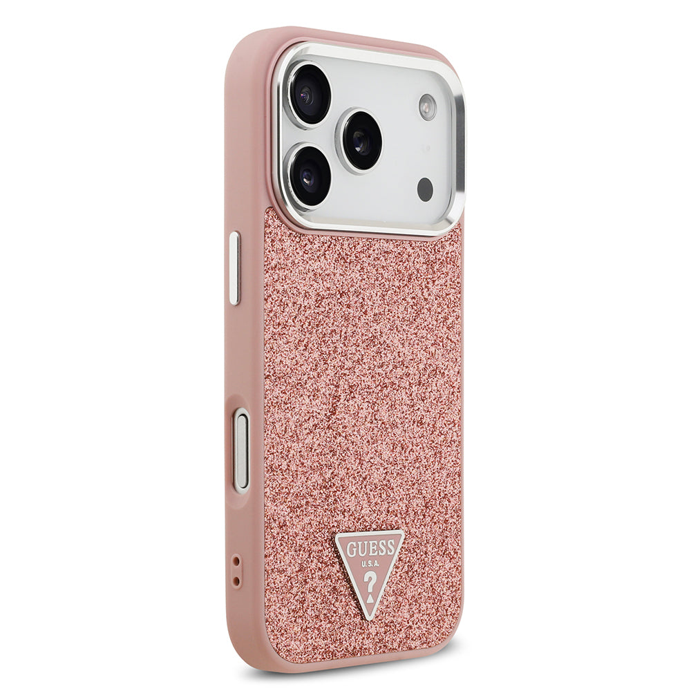 Guess iPhone 17 Pro Orjinal Lisanslı M-safe Şarj Özellikli Metal Kamera Çerçeveli Üçgen Logolu Glitter Kılıf