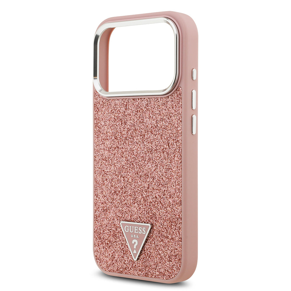 Guess iPhone 17 Pro Orjinal Lisanslı M-safe Şarj Özellikli Metal Kamera Çerçeveli Üçgen Logolu Glitter Kılıf