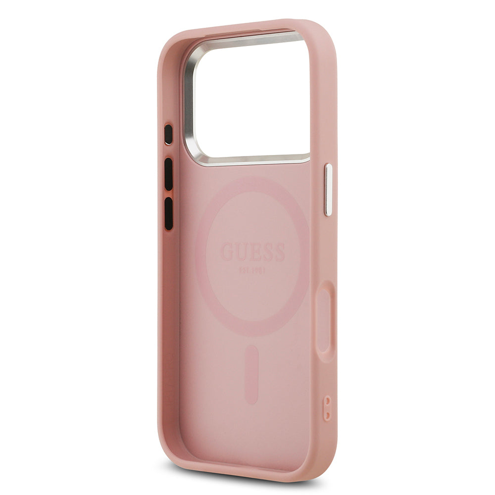 Guess iPhone 17 Pro Orjinal Lisanslı M-safe Şarj Özellikli Metal Kamera Çerçeveli Üçgen Logolu Glitter Kılıf