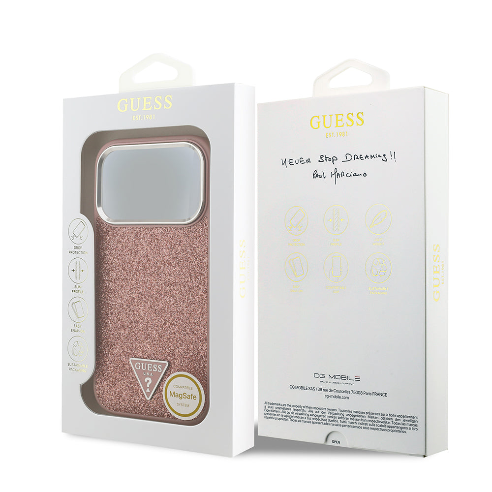 Guess iPhone 17 Pro Orjinal Lisanslı M-safe Şarj Özellikli Metal Kamera Çerçeveli Üçgen Logolu Glitter Kılıf