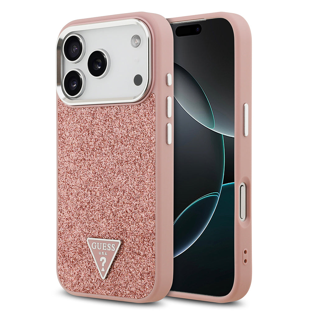 Guess iPhone 17 Pro Orjinal Lisanslı M-safe Şarj Özellikli Metal Kamera Çerçeveli Üçgen Logolu Glitter Kılıf
