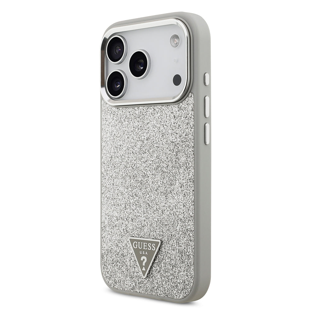 Guess iPhone 17 Pro Orjinal Lisanslı M-safe Şarj Özellikli Metal Kamera Çerçeveli Üçgen Logolu Glitter Kılıf