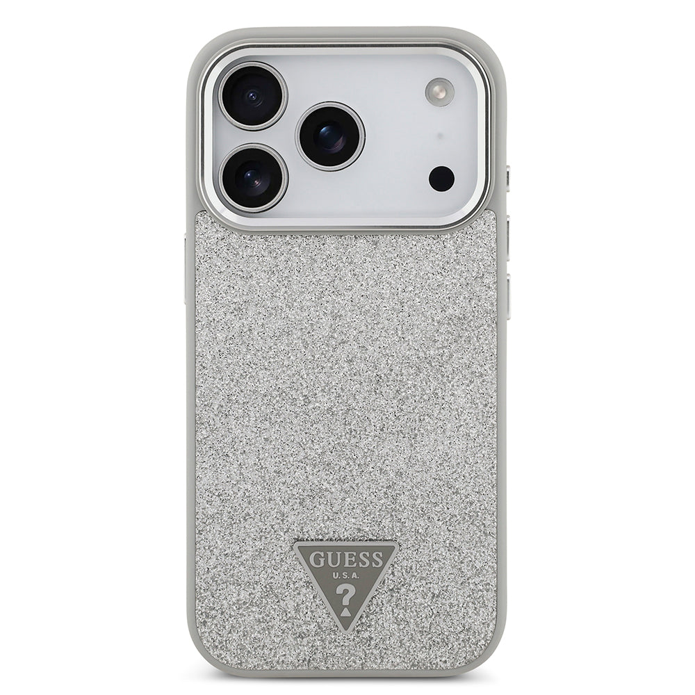 Guess iPhone 17 Pro Orjinal Lisanslı M-safe Şarj Özellikli Metal Kamera Çerçeveli Üçgen Logolu Glitter Kılıf