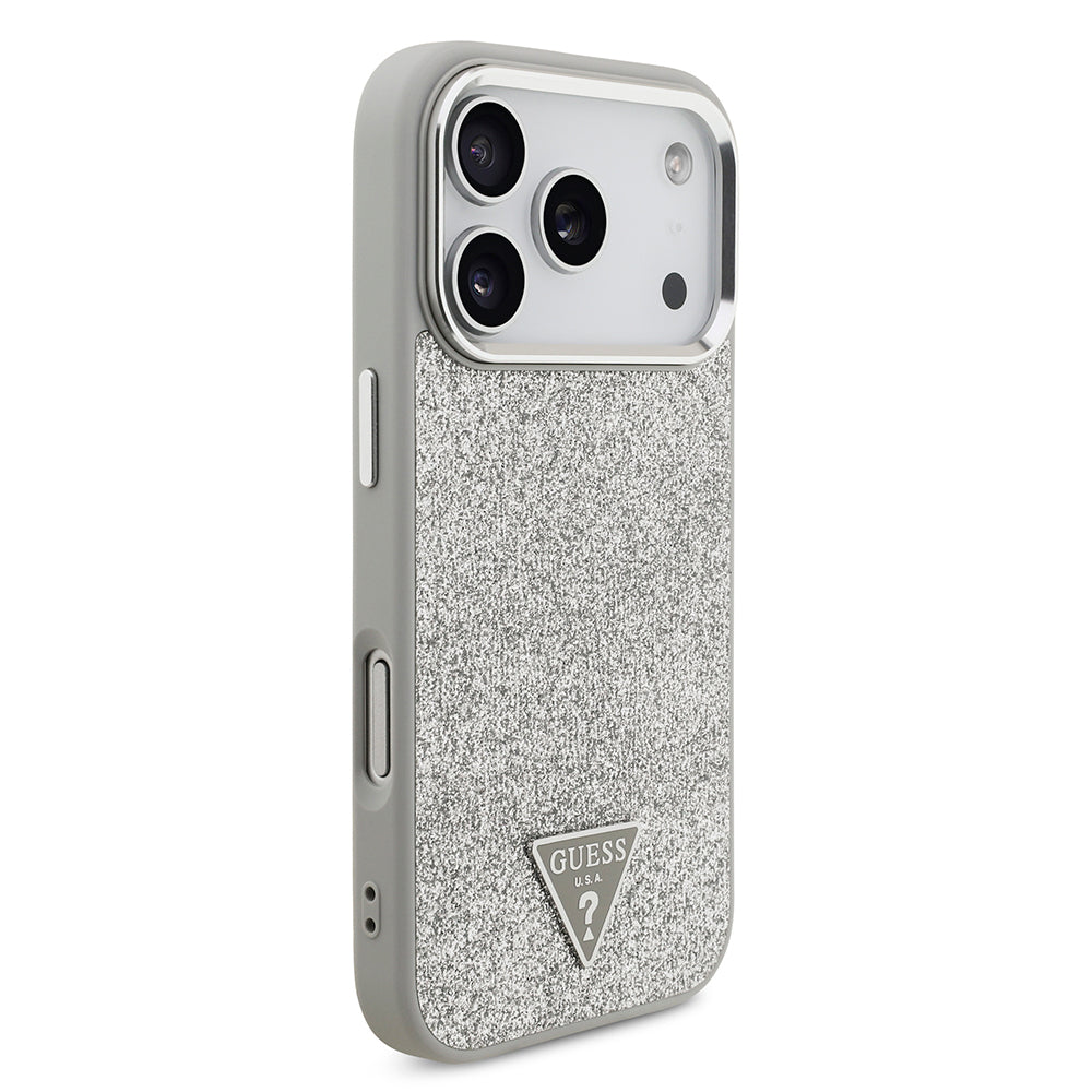 Guess iPhone 17 Pro Orjinal Lisanslı M-safe Şarj Özellikli Metal Kamera Çerçeveli Üçgen Logolu Glitter Kılıf