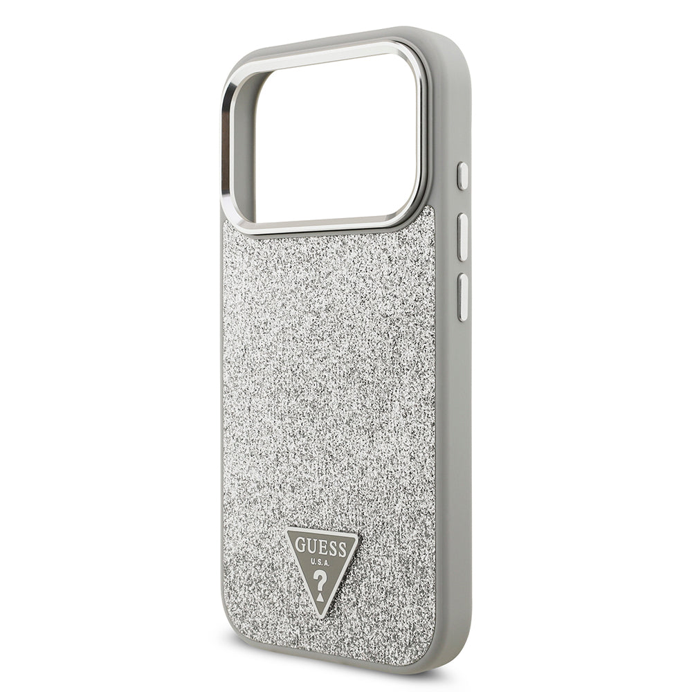 Guess iPhone 17 Pro Orjinal Lisanslı M-safe Şarj Özellikli Metal Kamera Çerçeveli Üçgen Logolu Glitter Kılıf