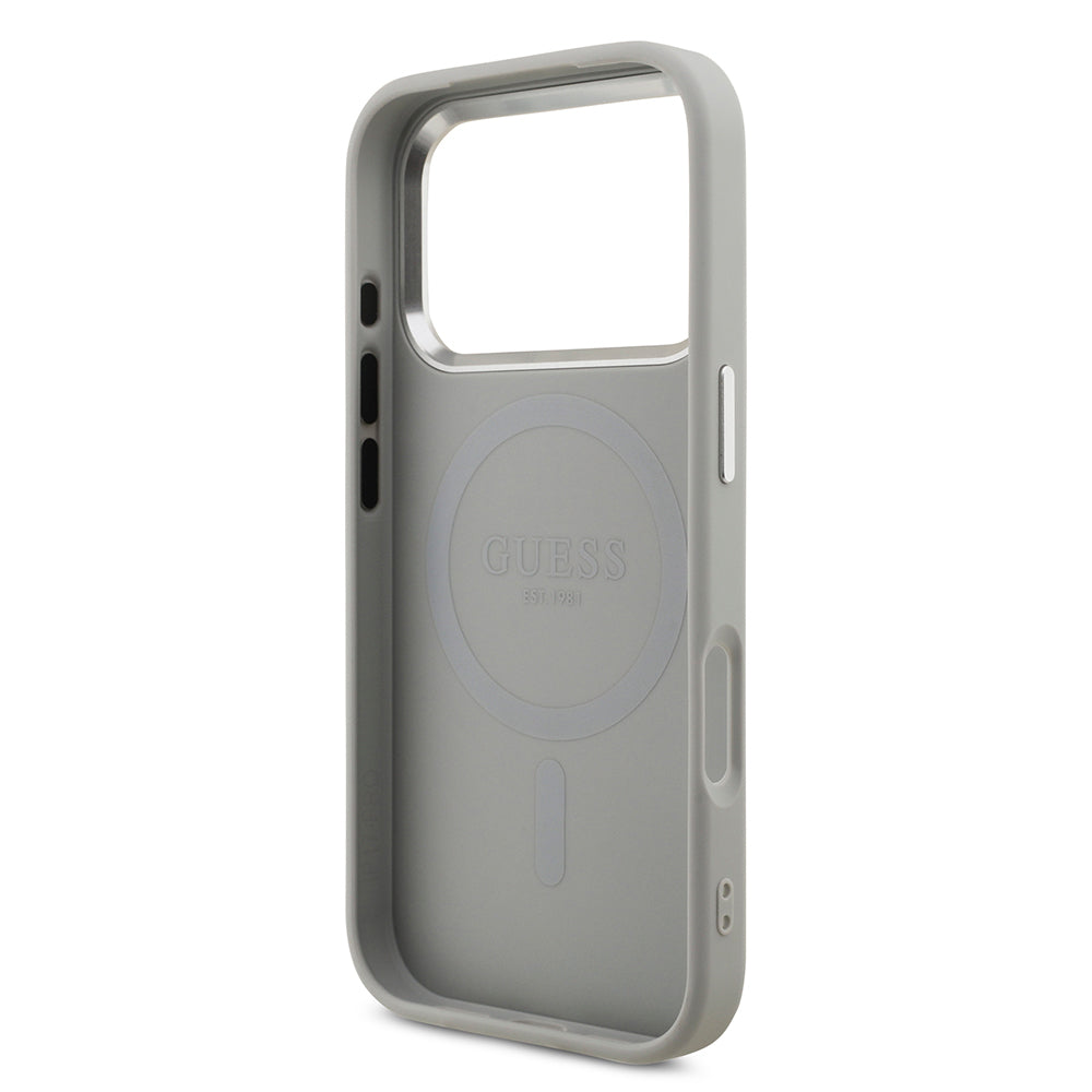 Guess iPhone 17 Pro Orjinal Lisanslı M-safe Şarj Özellikli Metal Kamera Çerçeveli Üçgen Logolu Glitter Kılıf