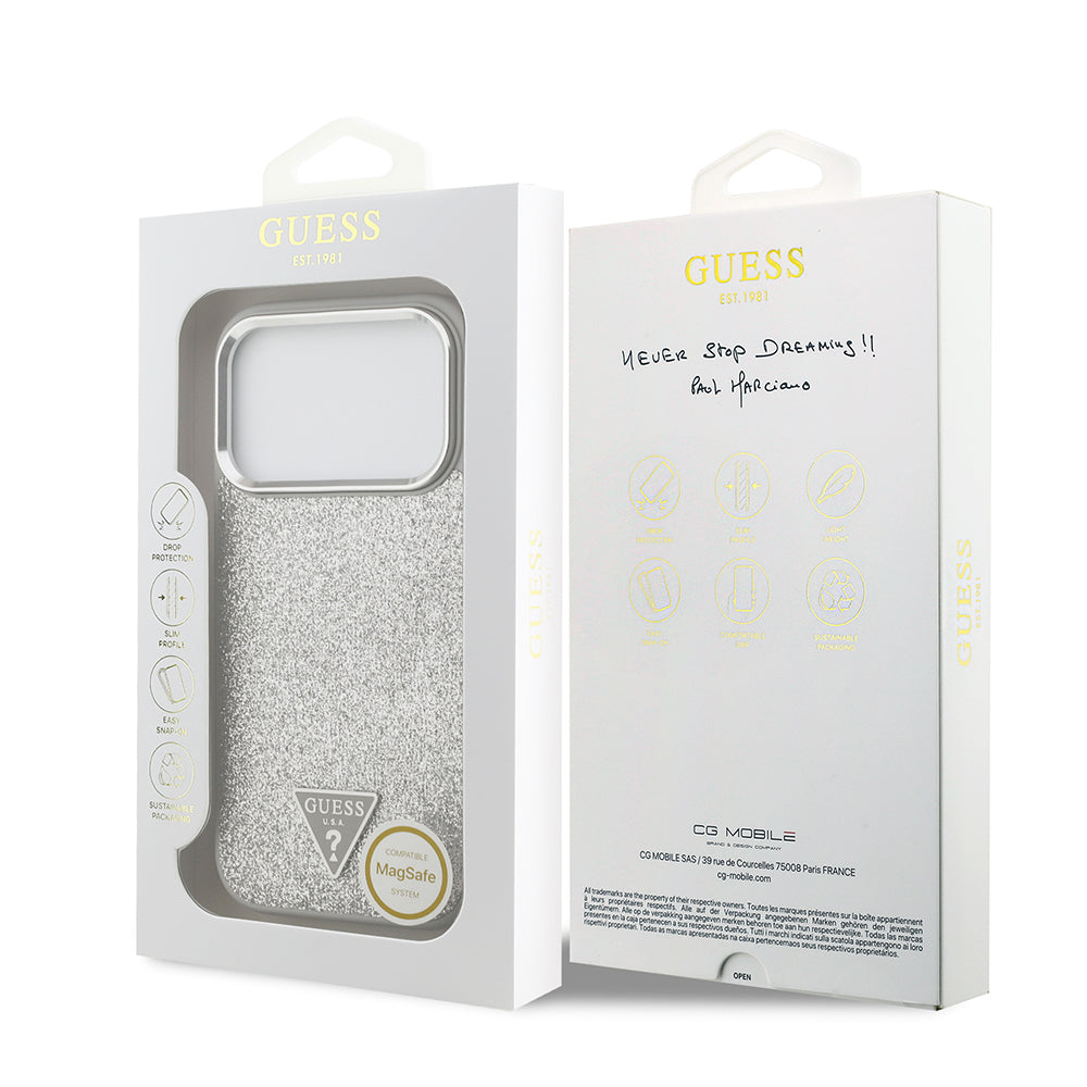 Guess iPhone 17 Pro Orjinal Lisanslı M-safe Şarj Özellikli Metal Kamera Çerçeveli Üçgen Logolu Glitter Kılıf