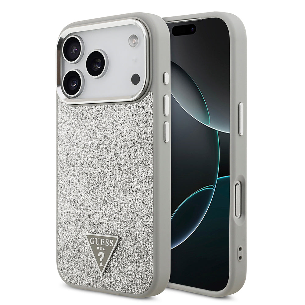 Guess iPhone 17 Pro Orjinal Lisanslı M-safe Şarj Özellikli Metal Kamera Çerçeveli Üçgen Logolu Glitter Kılıf