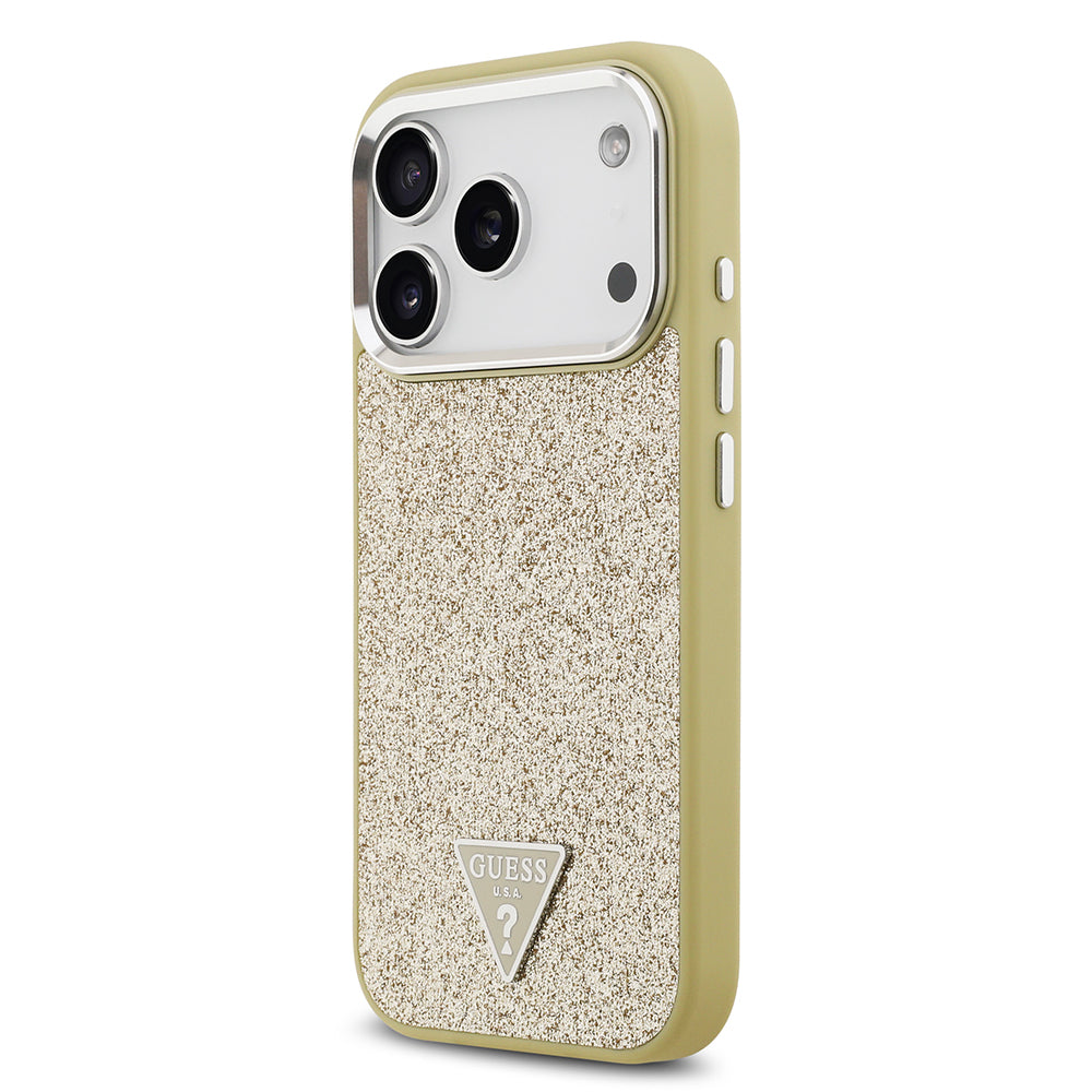 Guess iPhone 17 Pro Orjinal Lisanslı M-safe Şarj Özellikli Metal Kamera Çerçeveli Üçgen Logolu Glitter Kılıf