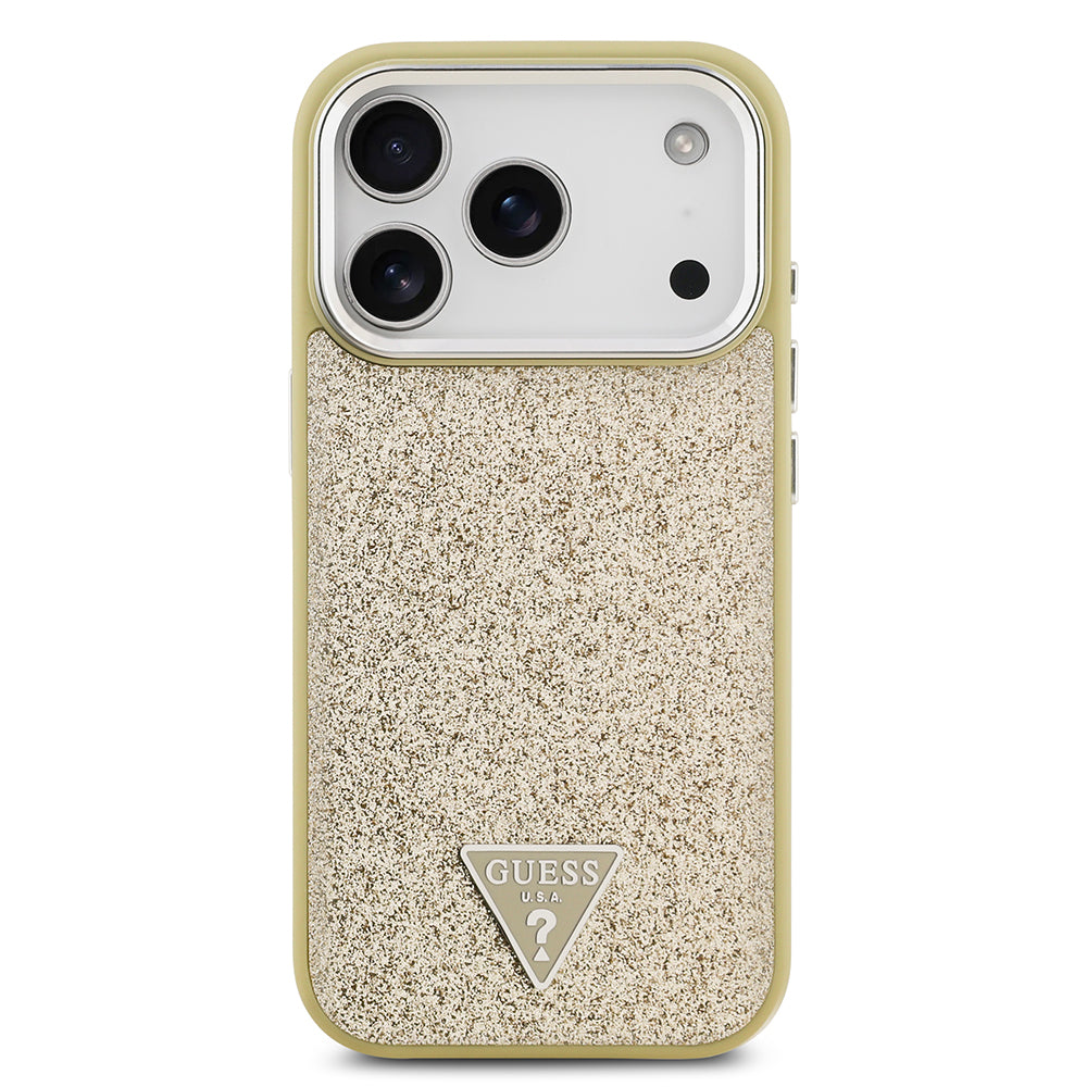 Guess iPhone 17 Pro Orjinal Lisanslı M-safe Şarj Özellikli Metal Kamera Çerçeveli Üçgen Logolu Glitter Kılıf
