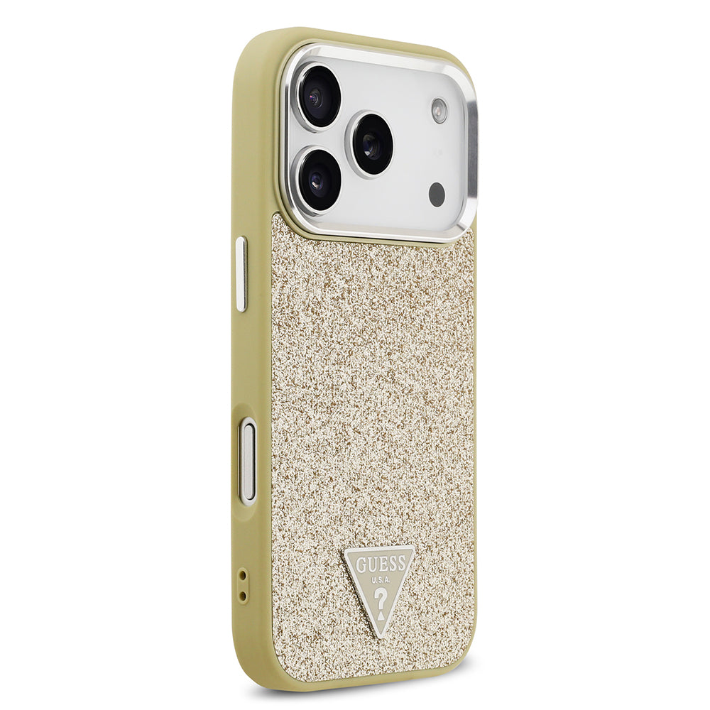 Guess iPhone 17 Pro Orjinal Lisanslı M-safe Şarj Özellikli Metal Kamera Çerçeveli Üçgen Logolu Glitter Kılıf