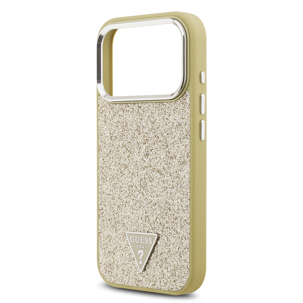 Guess iPhone 17 Pro Orjinal Lisanslı M-safe Şarj Özellikli Metal Kamera Çerçeveli Üçgen Logolu Glitter Kılıf
