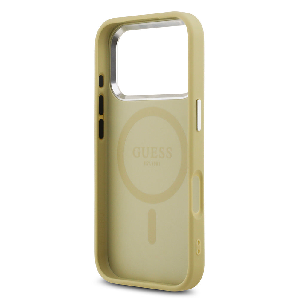 Guess iPhone 17 Pro Orjinal Lisanslı M-safe Şarj Özellikli Metal Kamera Çerçeveli Üçgen Logolu Glitter Kılıf