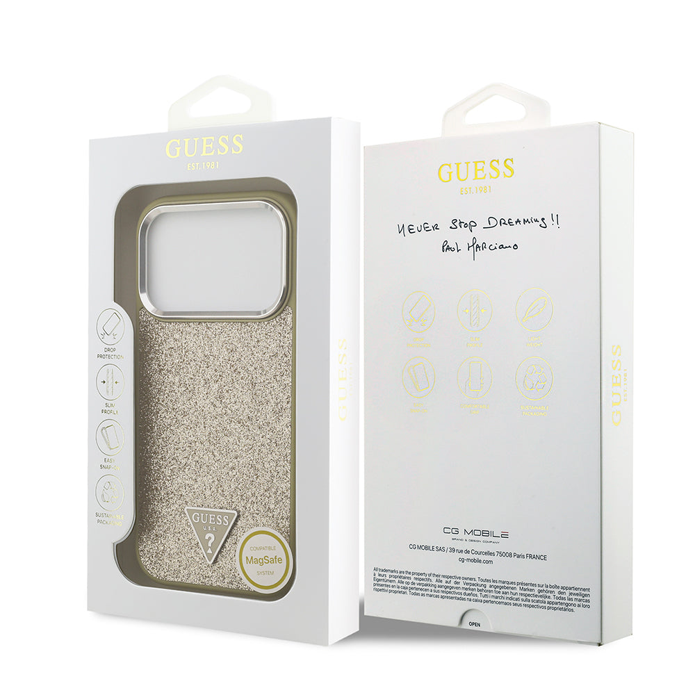 Guess iPhone 17 Pro Orjinal Lisanslı M-safe Şarj Özellikli Metal Kamera Çerçeveli Üçgen Logolu Glitter Kılıf