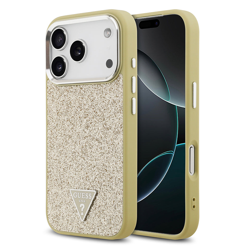 Guess iPhone 17 Pro Orjinal Lisanslı M-safe Şarj Özellikli Metal Kamera Çerçeveli Üçgen Logolu Glitter Kılıf
