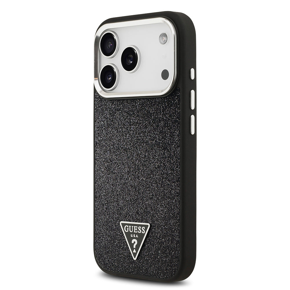 Guess iPhone 17 Pro Orjinal Lisanslı M-safe Şarj Özellikli Metal Kamera Çerçeveli Üçgen Logolu Glitter Kılıf