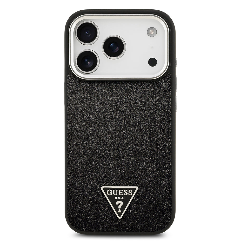 Guess iPhone 17 Pro Orjinal Lisanslı M-safe Şarj Özellikli Metal Kamera Çerçeveli Üçgen Logolu Glitter Kılıf