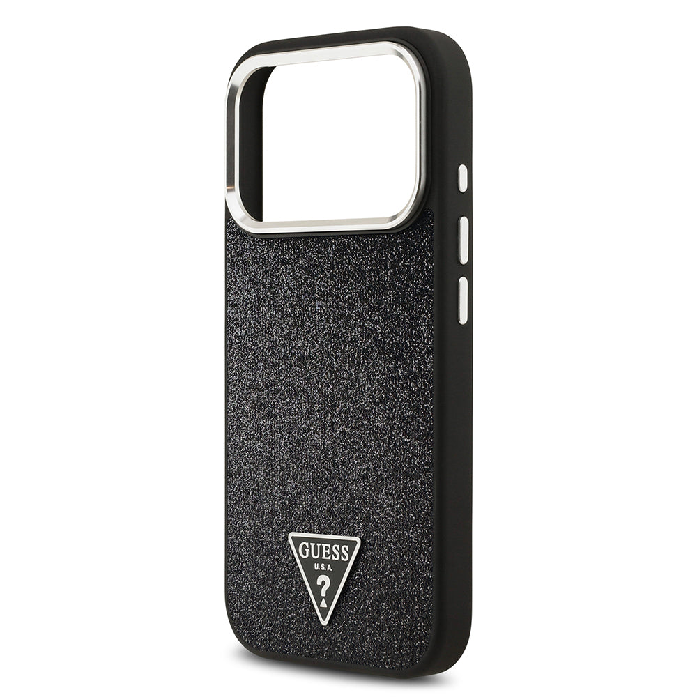 Guess iPhone 17 Pro Orjinal Lisanslı M-safe Şarj Özellikli Metal Kamera Çerçeveli Üçgen Logolu Glitter Kılıf