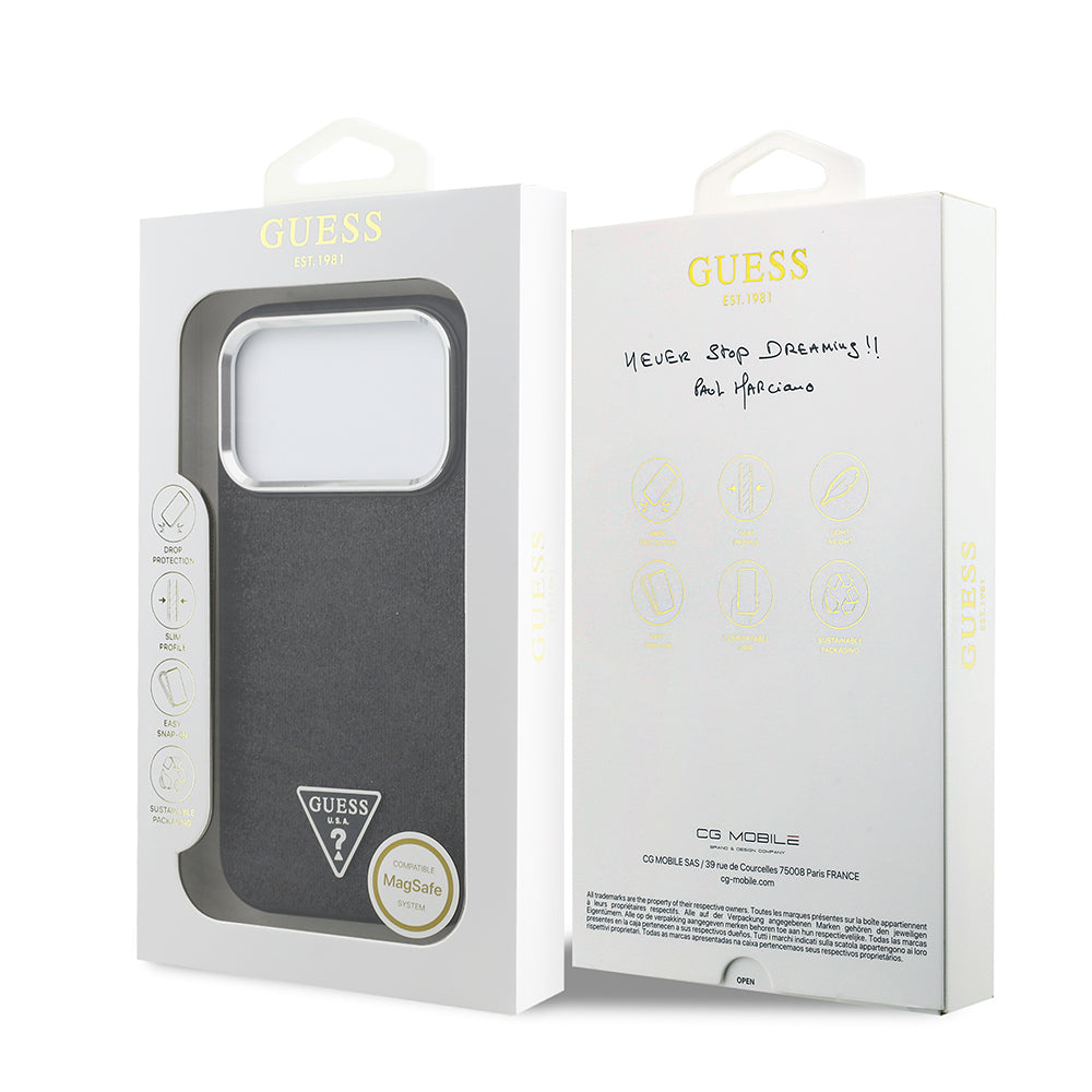 Guess iPhone 17 Pro Orjinal Lisanslı M-safe Şarj Özellikli Metal Kamera Çerçeveli Üçgen Logolu Glitter Kılıf