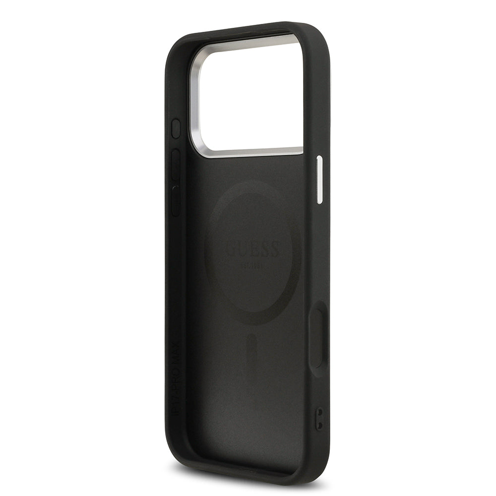 Guess iPhone 17 Pro Orjinal Lisanslı M-safe Şarj Özellikli PU Deri Metal Kamera Çerçeveli Üçgen Logolu Kılıf