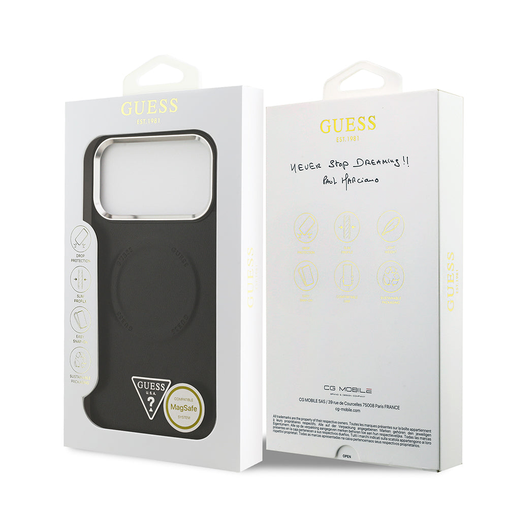 Guess iPhone 17 Pro Orjinal Lisanslı M-safe Şarj Özellikli PU Deri Metal Kamera Çerçeveli Üçgen Logolu Kılıf