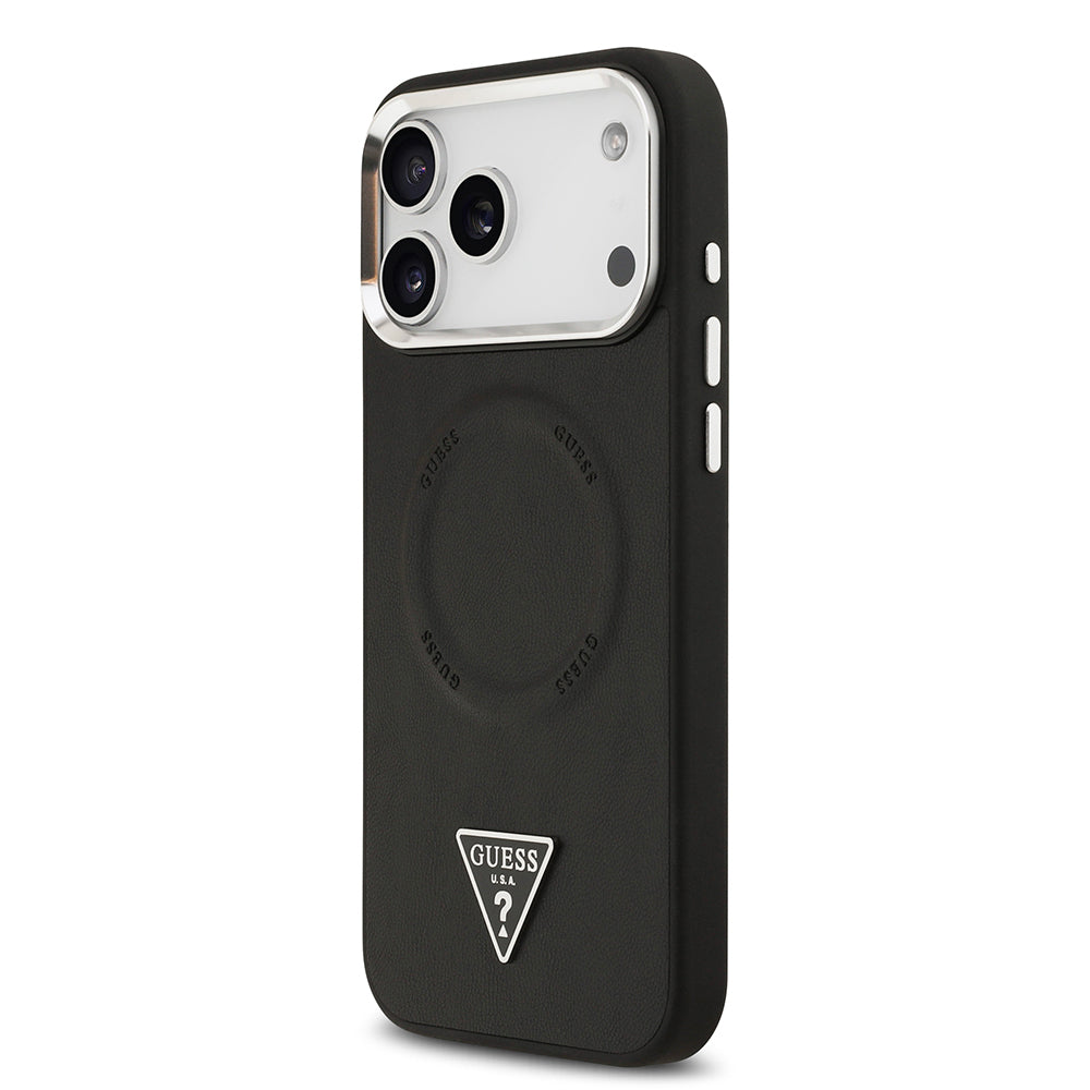 Guess iPhone 17 Pro Orjinal Lisanslı M-safe Şarj Özellikli PU Deri Metal Kamera Çerçeveli Üçgen Logolu Kılıf