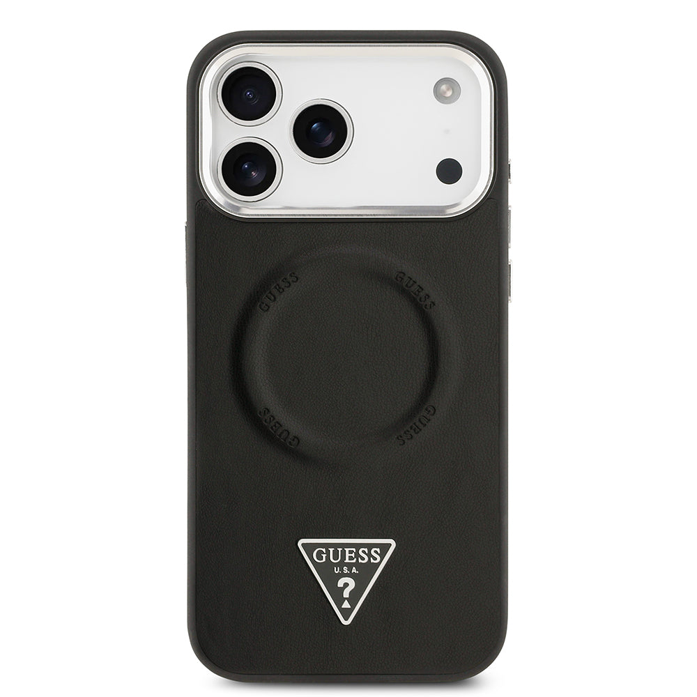 Guess iPhone 17 Pro Orjinal Lisanslı M-safe Şarj Özellikli PU Deri Metal Kamera Çerçeveli Üçgen Logolu Kılıf