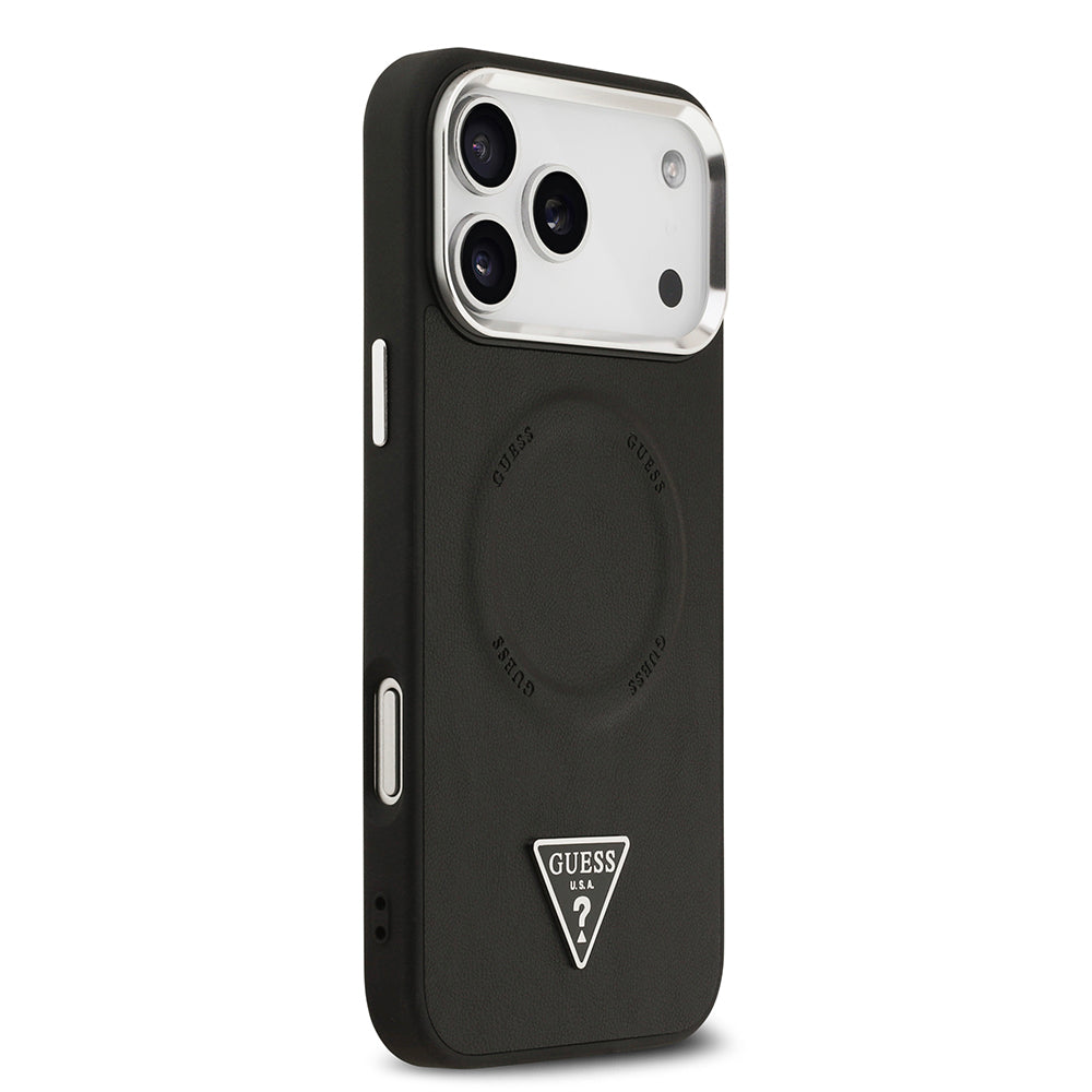 Guess iPhone 17 Pro Orjinal Lisanslı M-safe Şarj Özellikli PU Deri Metal Kamera Çerçeveli Üçgen Logolu Kılıf