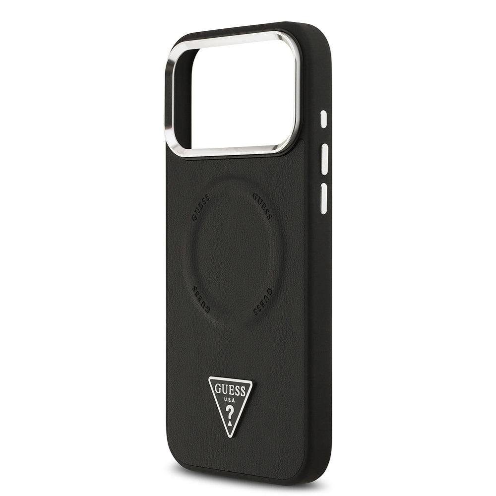 Guess iPhone 17 Pro Orjinal Lisanslı M-safe Şarj Özellikli PU Deri Metal Kamera Çerçeveli Üçgen Logolu Kılıf