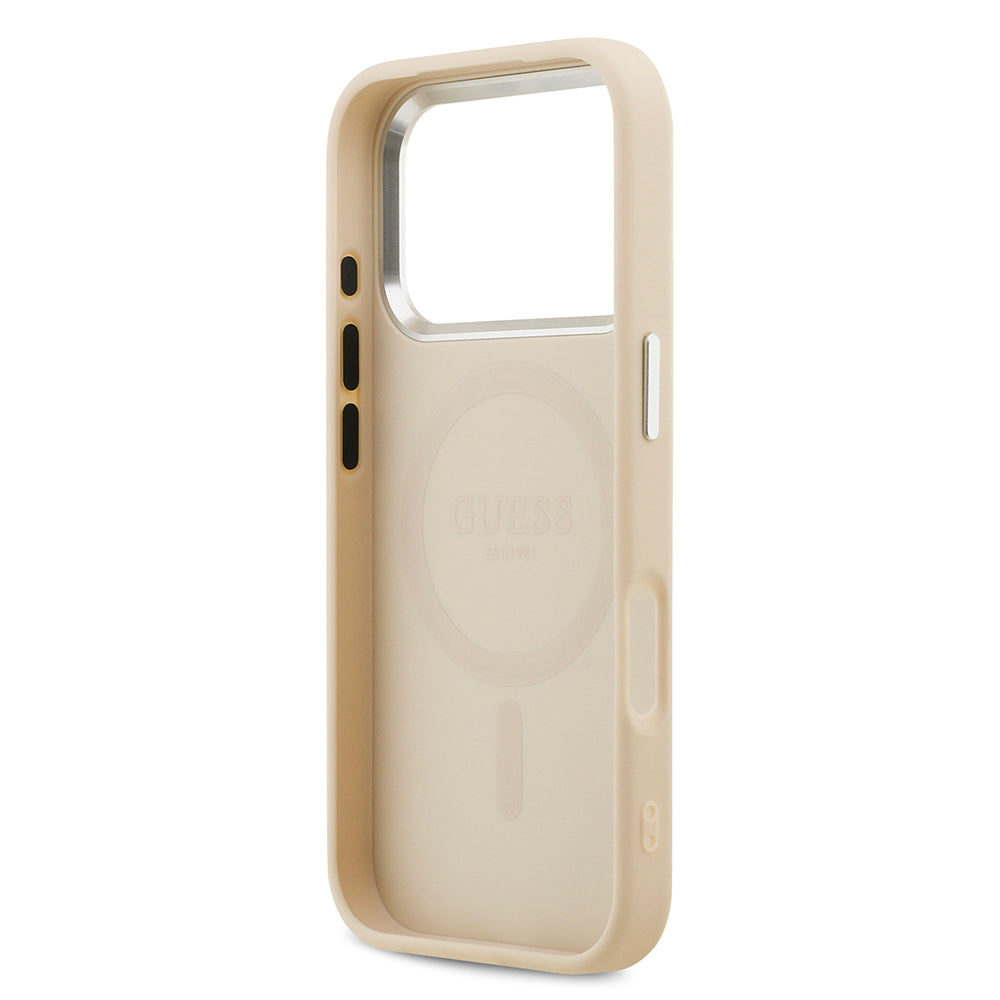 Guess iPhone 17 Pro Orjinal Lisanslı M-safe Şarj Özellikli Sıcak Baskılı Klasik Yazı Logolu PU Deri Peony Kılıf