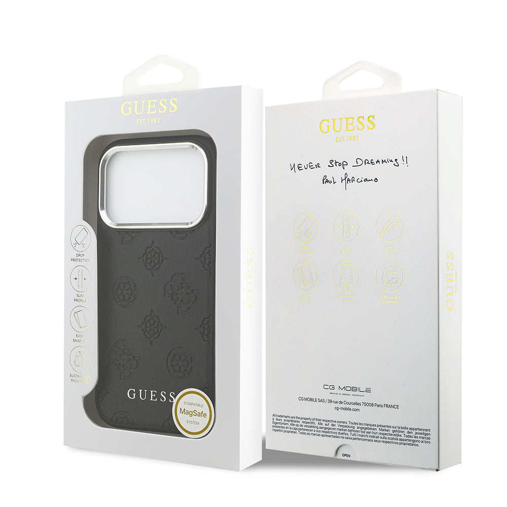 Guess iPhone 17 Pro Orjinal Lisanslı M-safe Şarj Özellikli Sıcak Baskılı Klasik Yazı Logolu PU Deri Peony Kılıf