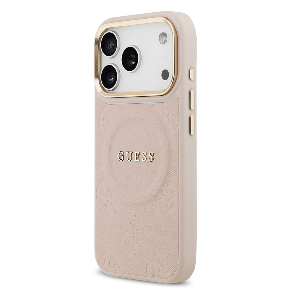 Guess iPhone 17 Pro Orjinal Lisanslı M-safe Şarj Özellikli Sıcak Baskılı Yazı Logolu PU Deri Peony Kılıf
