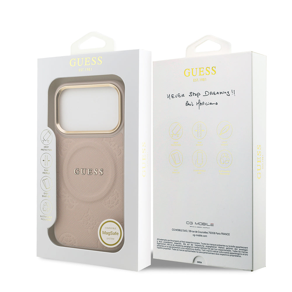 Guess iPhone 17 Pro Orjinal Lisanslı M-safe Şarj Özellikli Sıcak Baskılı Yazı Logolu PU Deri Peony Kılıf