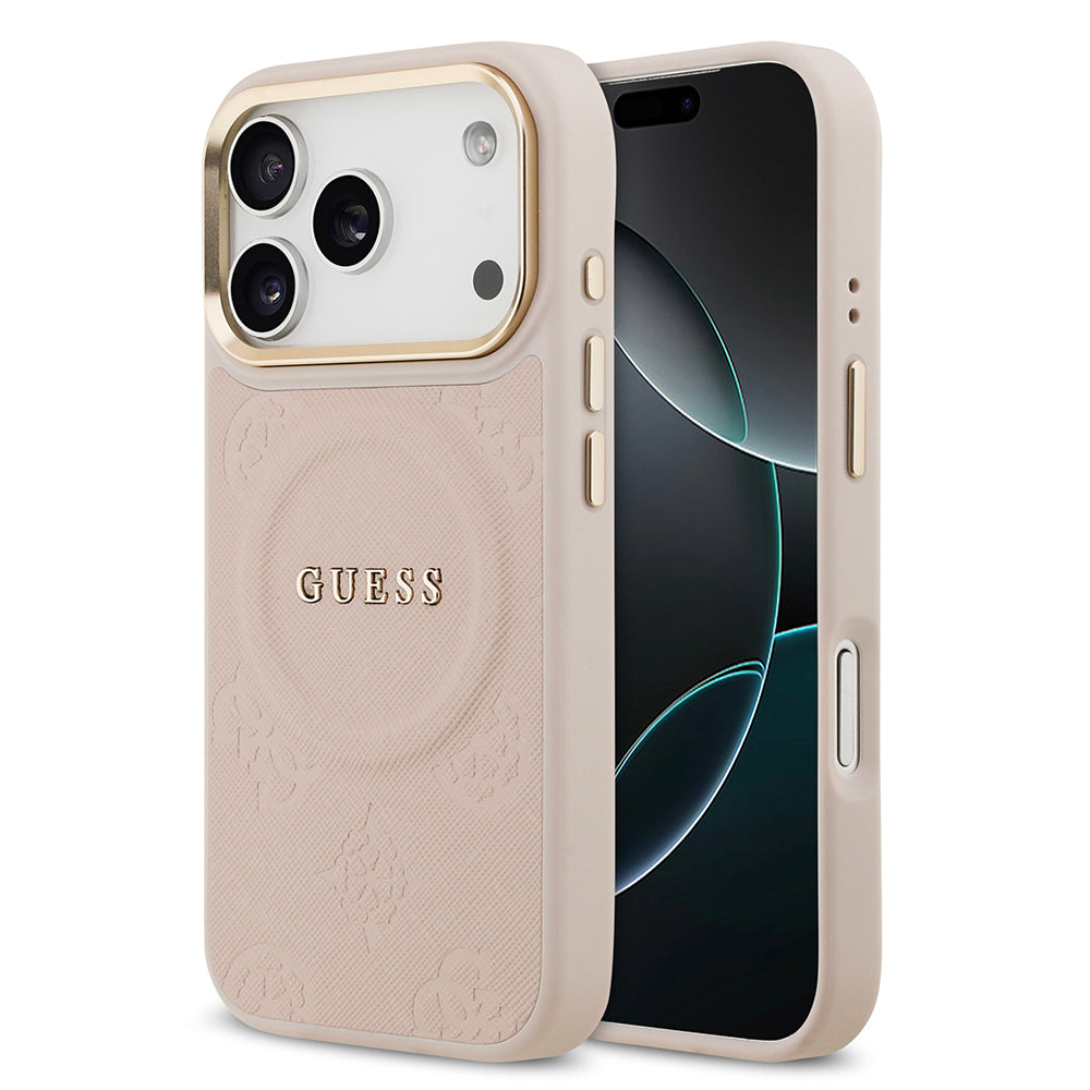 Guess iPhone 17 Pro Orjinal Lisanslı M-safe Şarj Özellikli Sıcak Baskılı Yazı Logolu PU Deri Peony Kılıf