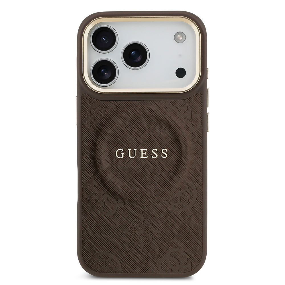 Guess iPhone 17 Pro Orjinal Lisanslı M-safe Şarj Özellikli Sıcak Baskılı Yazı Logolu PU Deri Peony Kılıf