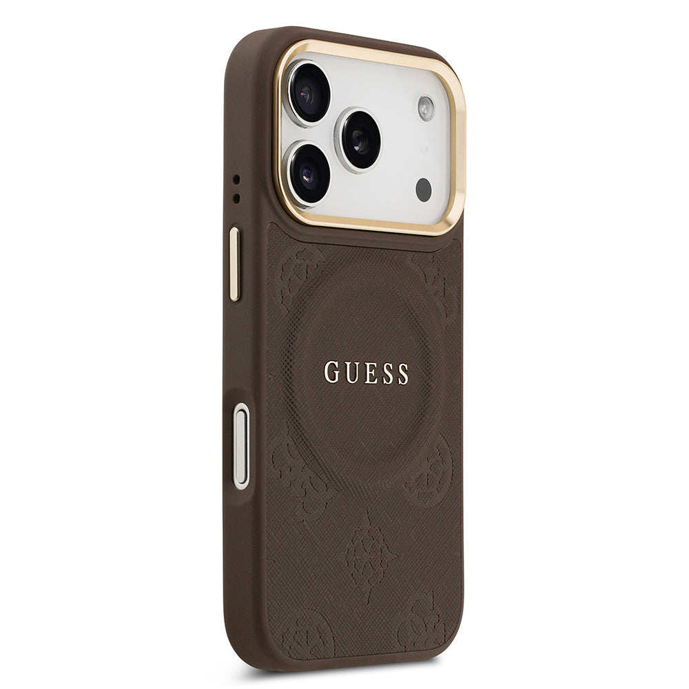 Guess iPhone 17 Pro Orjinal Lisanslı M-safe Şarj Özellikli Sıcak Baskılı Yazı Logolu PU Deri Peony Kılıf