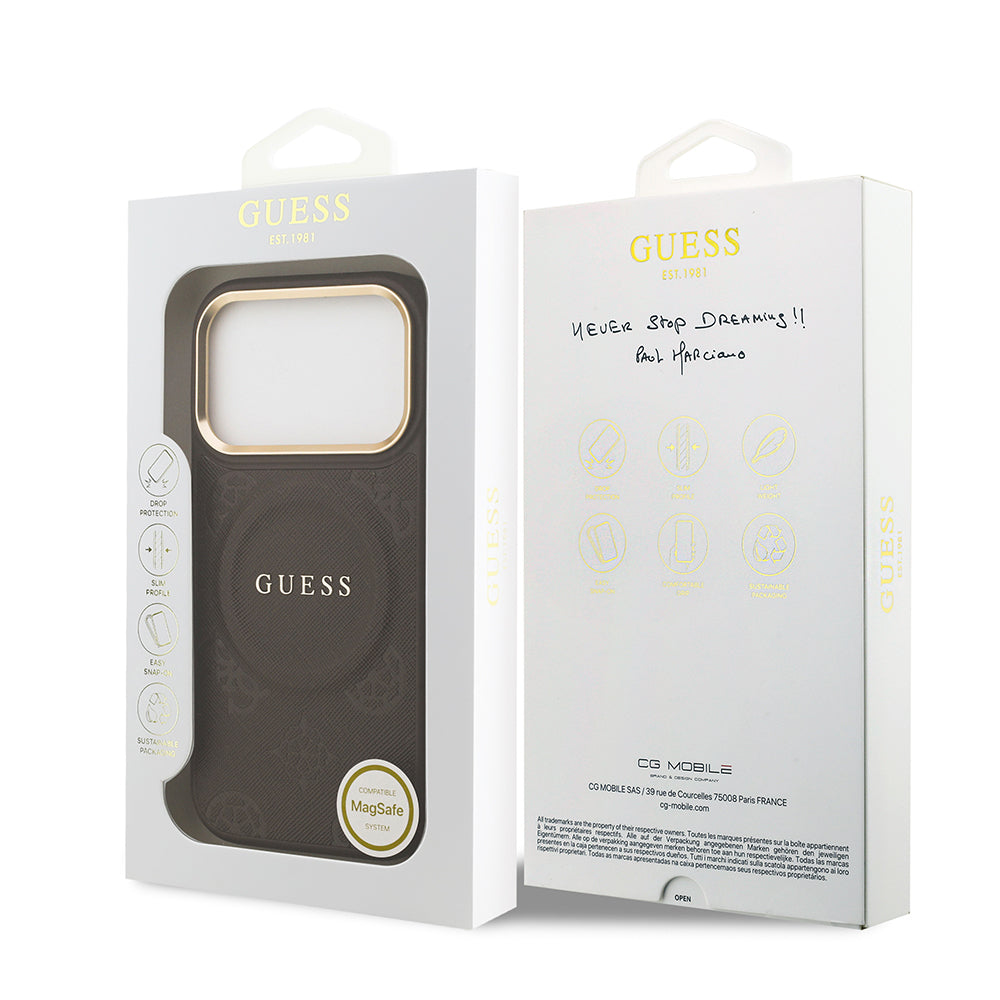 Guess iPhone 17 Pro Orjinal Lisanslı M-safe Şarj Özellikli Sıcak Baskılı Yazı Logolu PU Deri Peony Kılıf