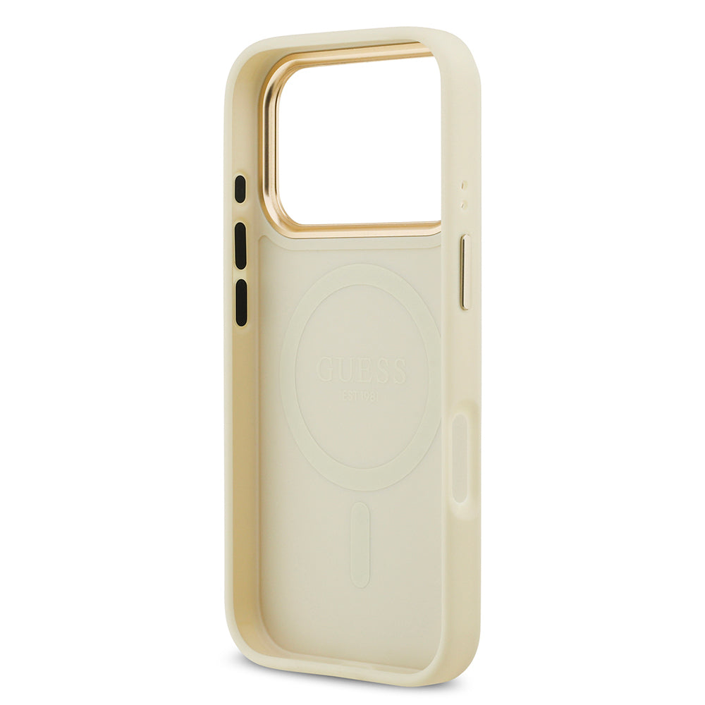 Guess iPhone 17 Pro Orjinal Lisanslı M-safe Şarj Özellikli Sıcak Baskılı Yazı Logolu PU Deri Peony Kılıf