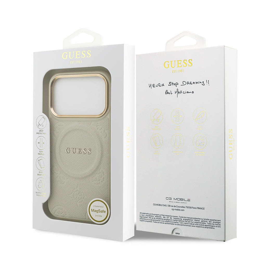 Guess iPhone 17 Pro Orjinal Lisanslı M-safe Şarj Özellikli Sıcak Baskılı Yazı Logolu PU Deri Peony Kılıf