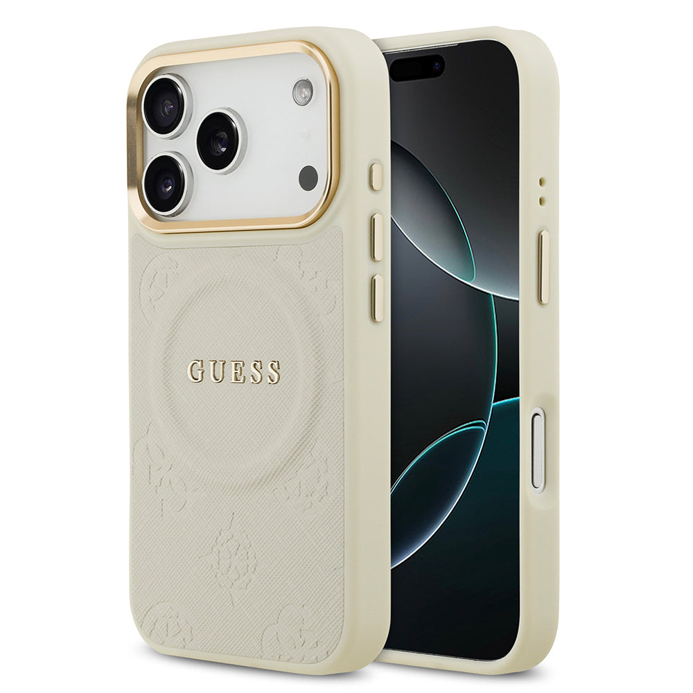 Guess iPhone 17 Pro Orjinal Lisanslı M-safe Şarj Özellikli Sıcak Baskılı Yazı Logolu PU Deri Peony Kılıf