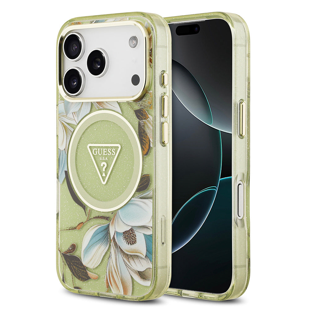 Guess iPhone 17 Pro Orjinal Lisanslı M-safe Şarj Özellikli Simli Çiçek Desenli Metal Kamera Çerçeveli Üçgen Logolu Kılıf