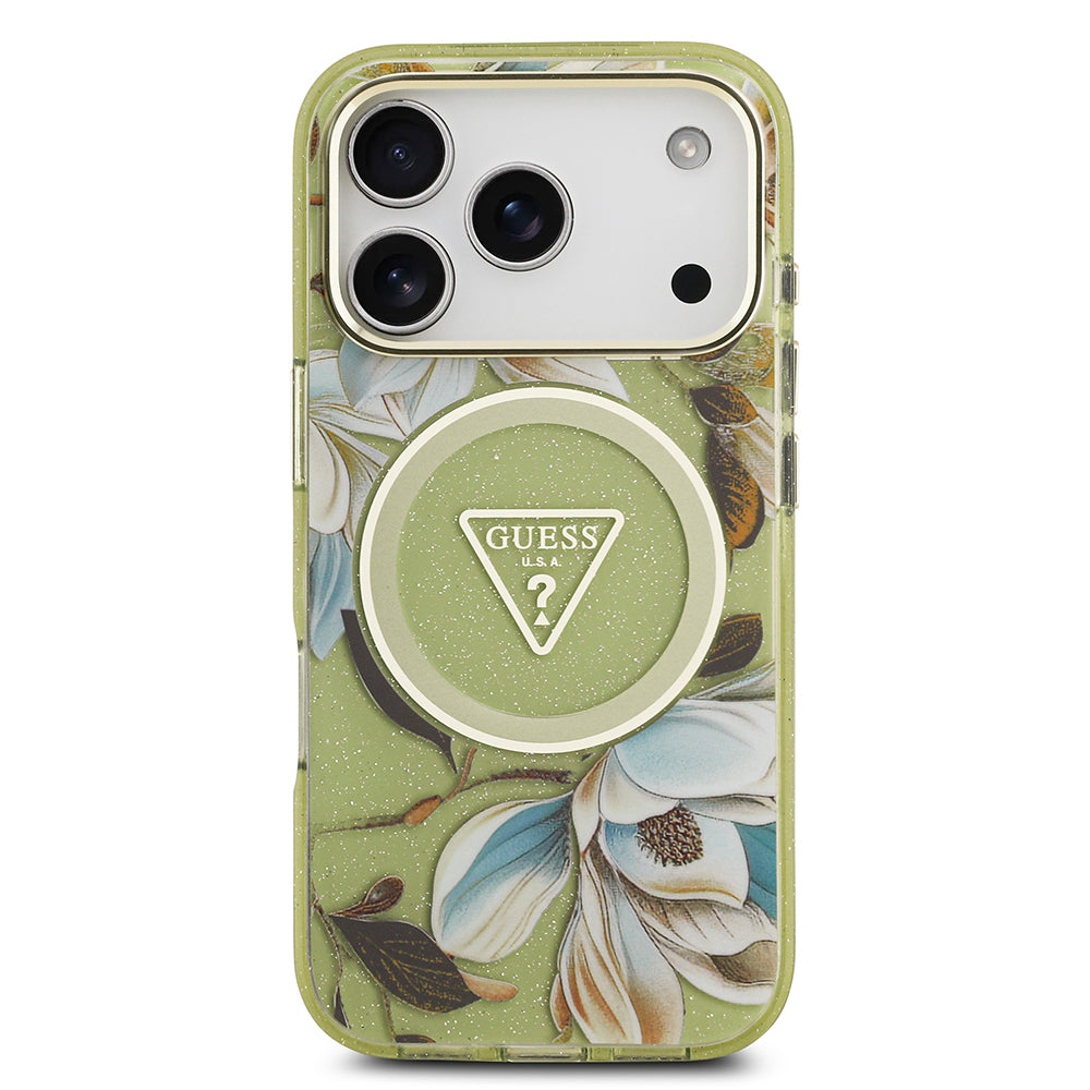 Guess iPhone 17 Pro Orjinal Lisanslı M-safe Şarj Özellikli Simli Çiçek Desenli Metal Kamera Çerçeveli Üçgen Logolu Kılıf