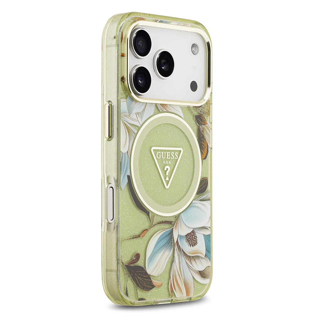 Guess iPhone 17 Pro Orjinal Lisanslı M-safe Şarj Özellikli Simli Çiçek Desenli Metal Kamera Çerçeveli Üçgen Logolu Kılıf