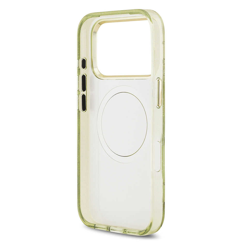 Guess iPhone 17 Pro Orjinal Lisanslı M-safe Şarj Özellikli Simli Çiçek Desenli Metal Kamera Çerçeveli Üçgen Logolu Kılıf