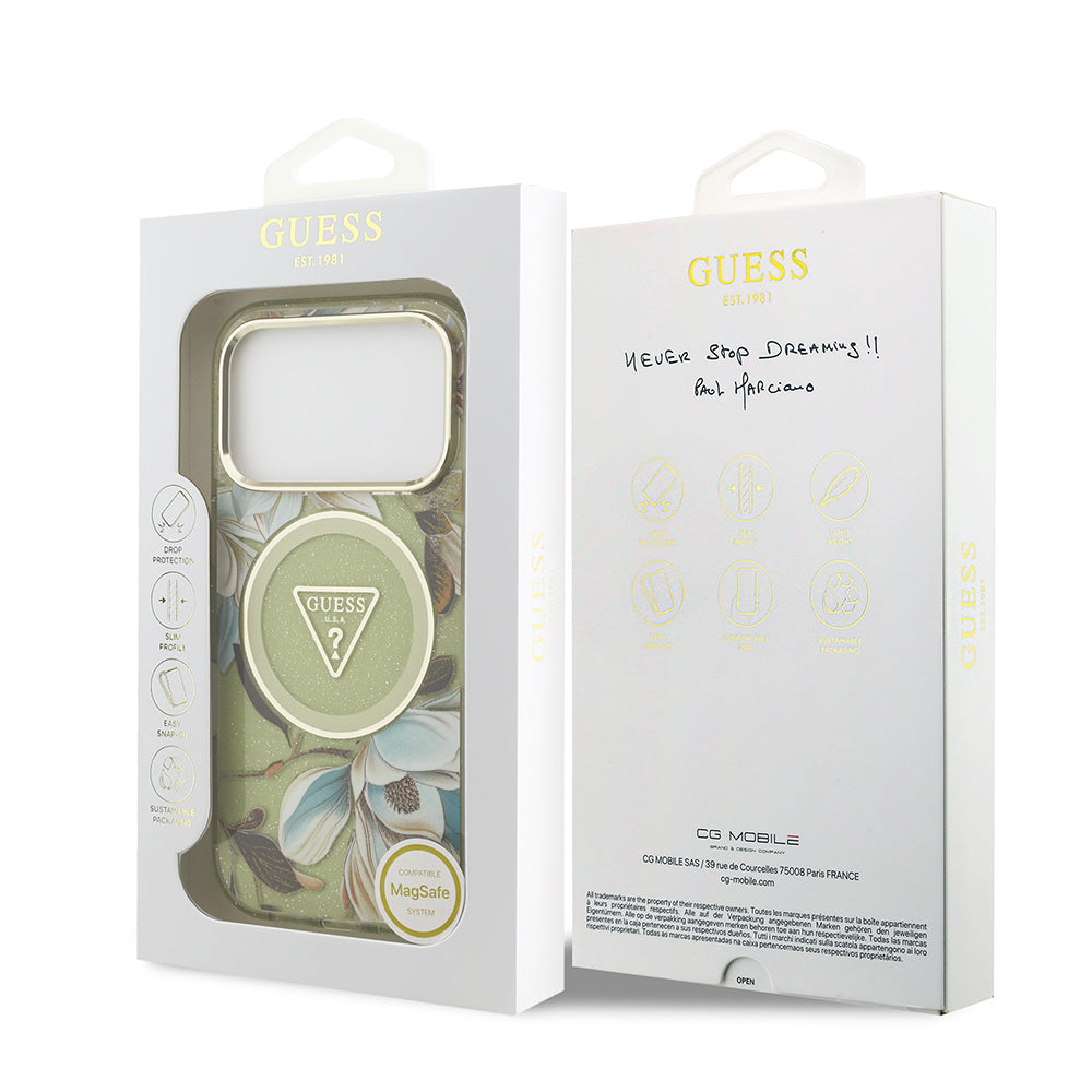 Guess iPhone 17 Pro Orjinal Lisanslı M-safe Şarj Özellikli Simli Çiçek Desenli Metal Kamera Çerçeveli Üçgen Logolu Kılıf