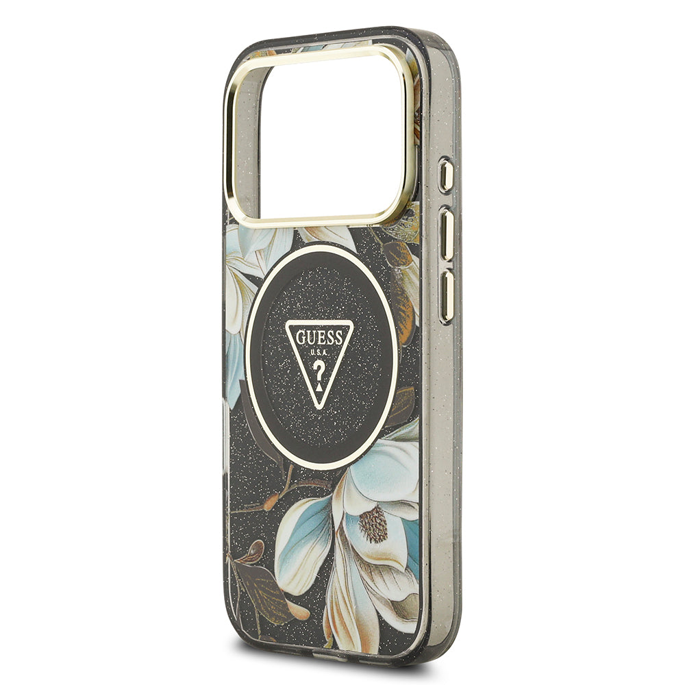 Guess iPhone 17 Pro Orjinal Lisanslı M-safe Şarj Özellikli Simli Çiçek Desenli Metal Kamera Çerçeveli Üçgen Logolu Kılıf