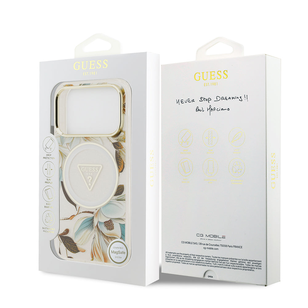 Guess iPhone 17 Pro Orjinal Lisanslı M-safe Şarj Özellikli Simli Çiçek Desenli Metal Kamera Çerçeveli Üçgen Logolu Kılıf
