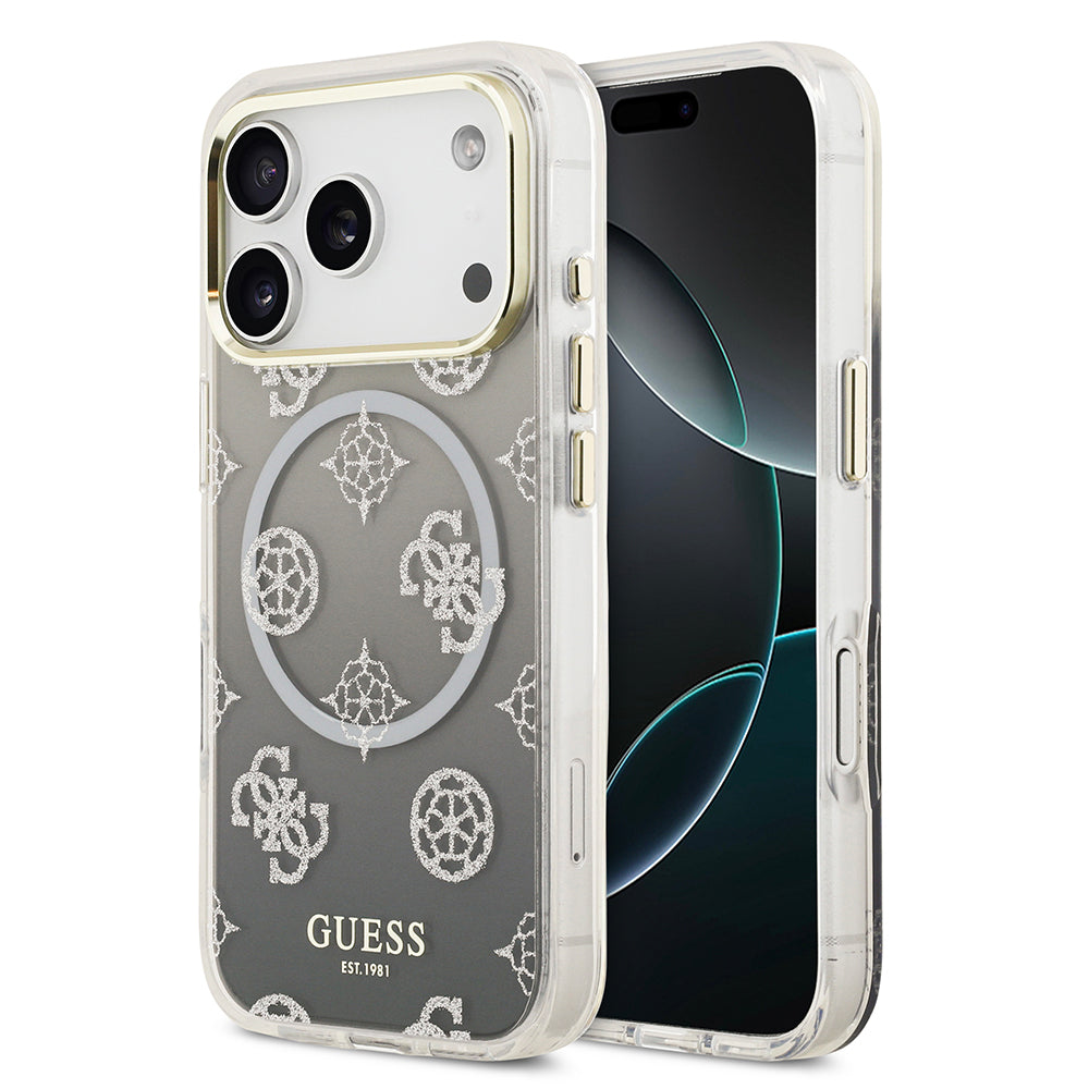 Guess iPhone 17 Pro Orjinal Lisanslı M-safe Şarj Özellikli Simli Peony Desenli Silikon Kılıf