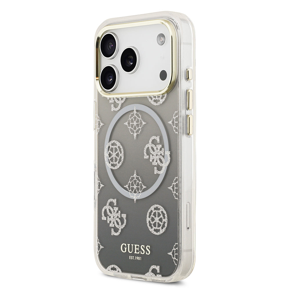 Guess iPhone 17 Pro Orjinal Lisanslı M-safe Şarj Özellikli Simli Peony Desenli Silikon Kılıf